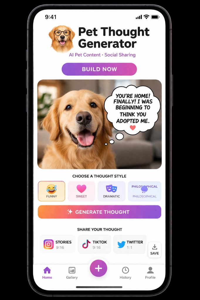 Pet Thought Generator promo: phone mockup showing pet photo and caption preview